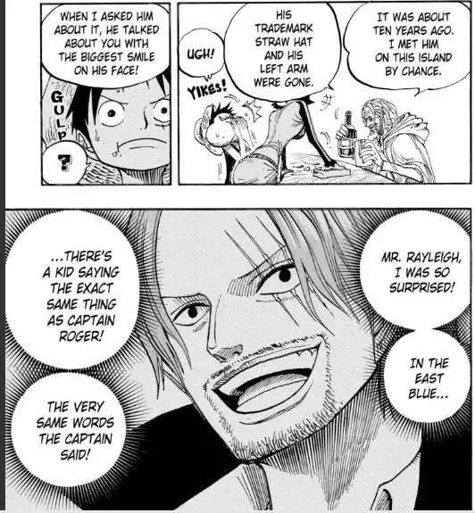 Shanks Tells Rayleigh he met a kid saying the same thing as Roger
